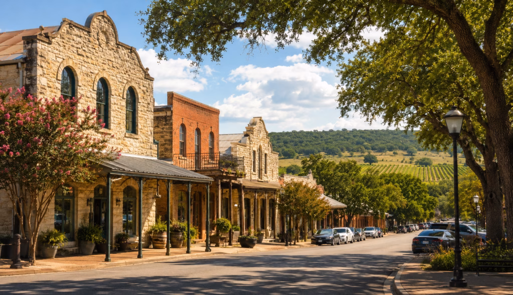 Historic Hill Country main street with limestone buildings, shaded sidewalks, parked cars, oak trees, and vineyard hills in the distance.