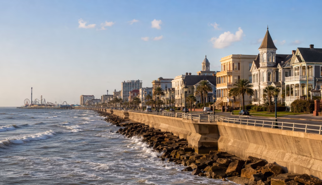 Historic coastal neighborhood with Victorian homes along the seawall, Gulf waves, palm trees, and a distant amusement pier.