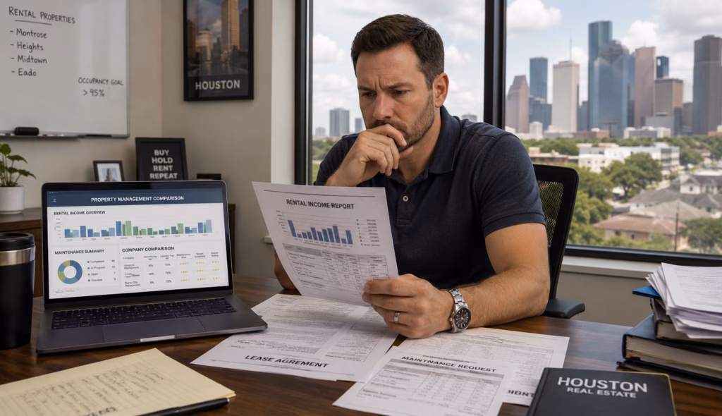 Houston landlord comparing property management companies while reviewing rental income, maintenance records, and lease documents.