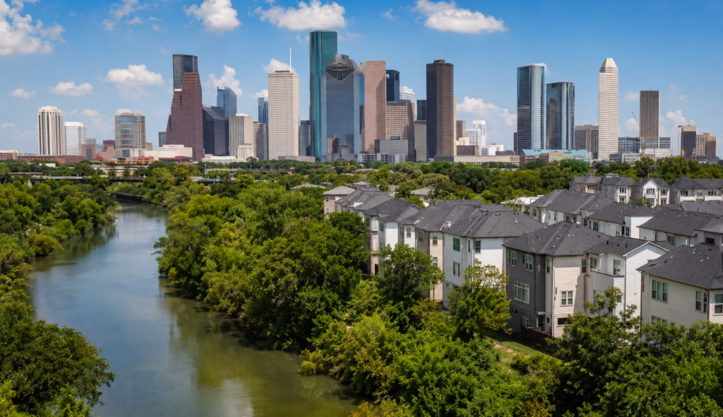 Rental property in Houston along one of the area's many waterways with the business district in the background.