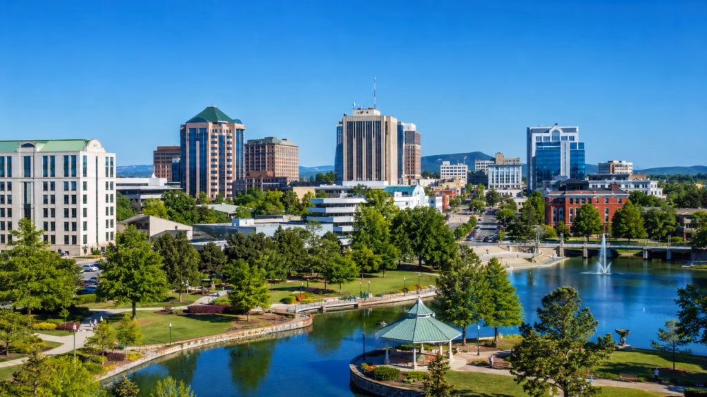 Downtown Huntsville skyline with Big Spring Park, waterfront paths, fountain, gazebo, and modern office buildings under a clear blue sky.