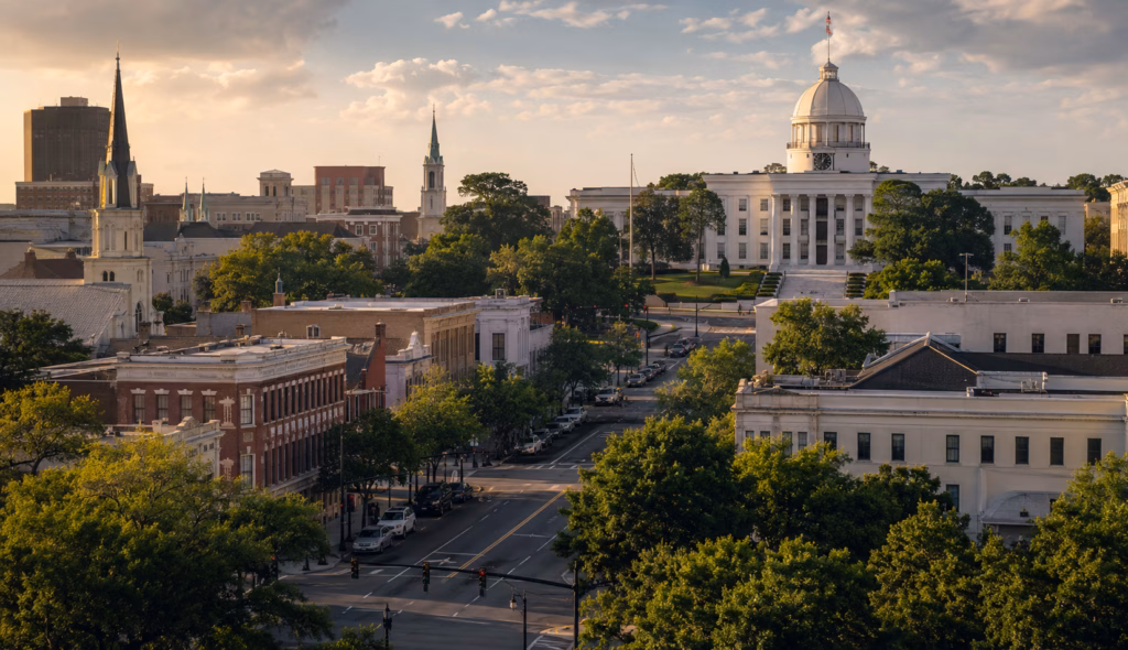 Downtown Montgomery cityscape with the Alabama State Capitol, historic churches, tree-lined streets, and warm evening light.