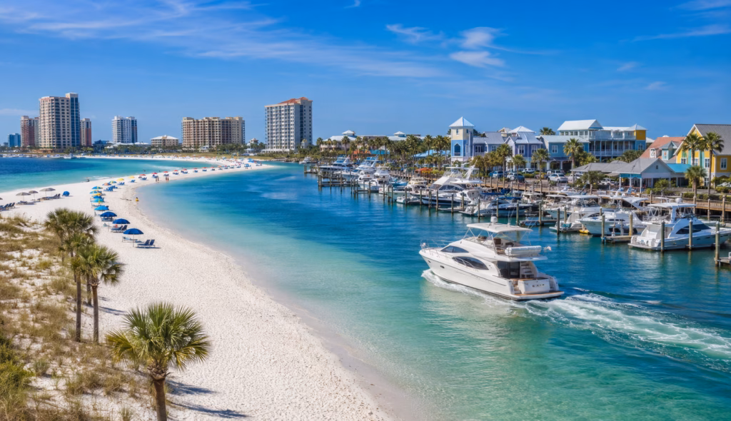 Gulf Coast resort area with white-sand beach, turquoise water, marina docks, boats, palm trees, and waterfront condos.