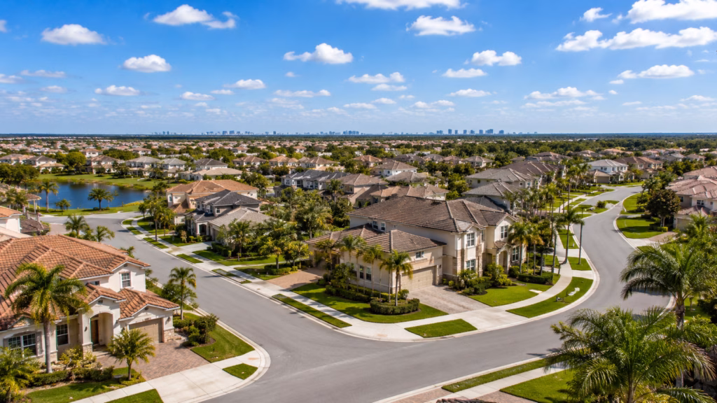 Aerial view of an Orlando suburban subdivision with stucco homes, palm trees, curving streets, manicured lawns, and a distant city skyline.