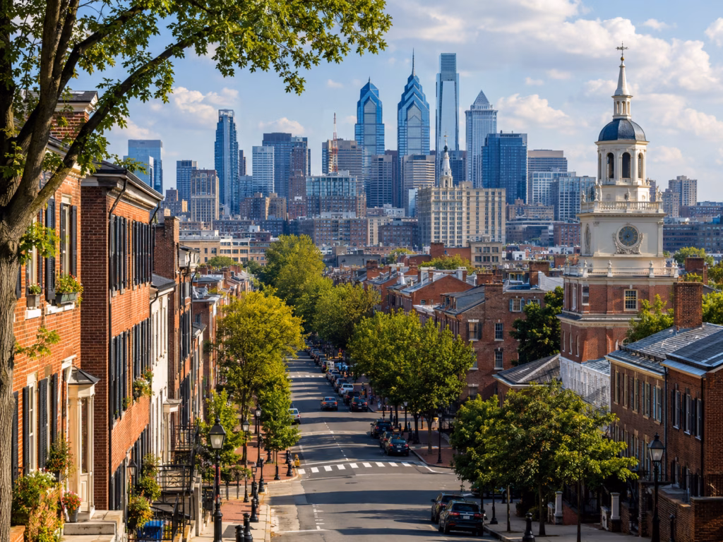 Philadelphia streetscape with historic brick rowhouses, a church steeple, tree-lined blocks, and the modern skyline beyond.