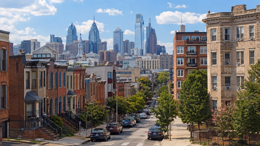 Philadelphia residential street with brick rowhouses, multifamily buildings, parked cars, leafy sidewalks, and the Center City skyline in the distance.