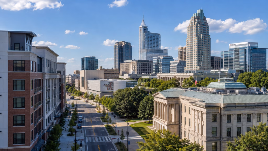 Downtown Raleigh skyline with modern office towers, civic architecture, tree-lined streets, and a bright urban core in North Carolina.