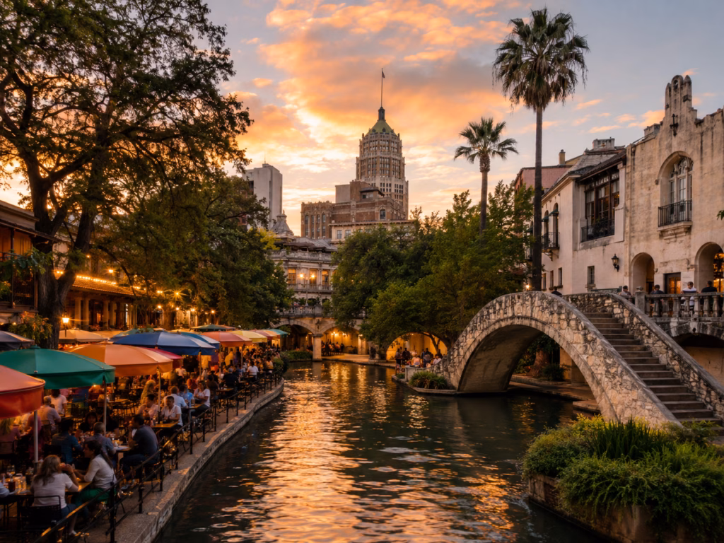 San Antonio River Walk at sunset with historic architecture, riverside dining, stone bridges, and the Tower of the Americas.