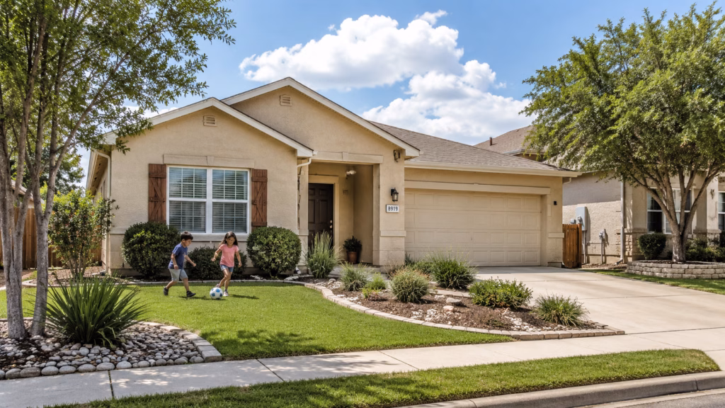 Typical San Antonio single-family rental home with a stucco exterior, drought-tolerant landscaping, and a well-kept front yard with children playing.