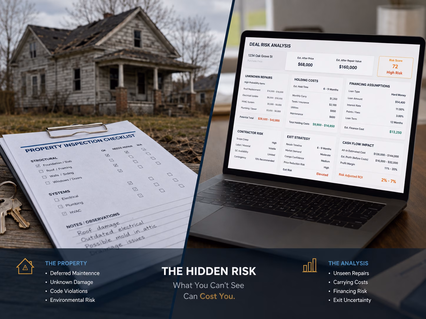 Foreclosure property risk analysis showing repair estimates, holding costs, financing assumptions, and exit strategy factors.