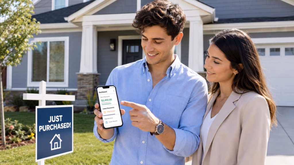 Gen Z male landlord in business casual wear comparing rental property apps on his smartphone with rent payments, lease documents, and maintenance records on screen as his female business partner watches over his shoulder. They are standing in front of a new single family rental home that they just invested in.