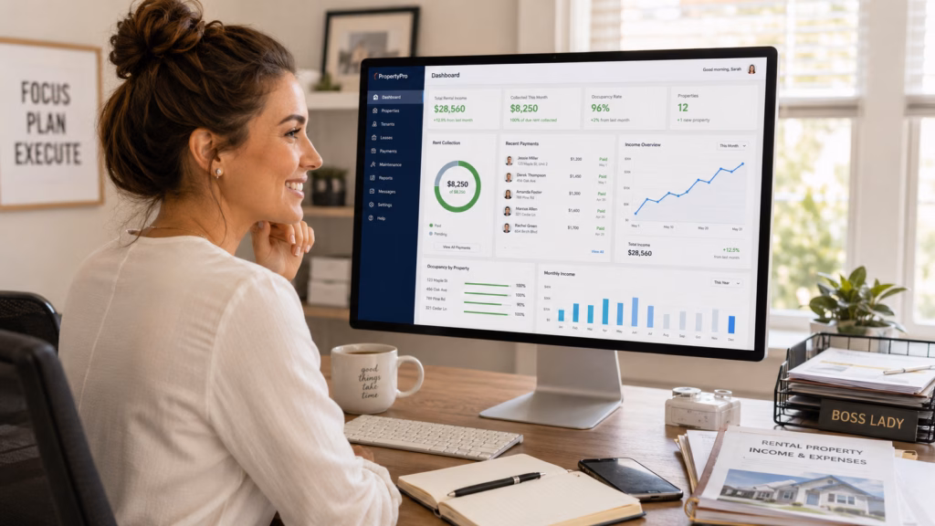 A millennial female landlord reviewing online rent collection apps, tenant payments, and rental property income dashboard on a desktop computer smiling at the results of her profitable rental properties as tenants pay on time