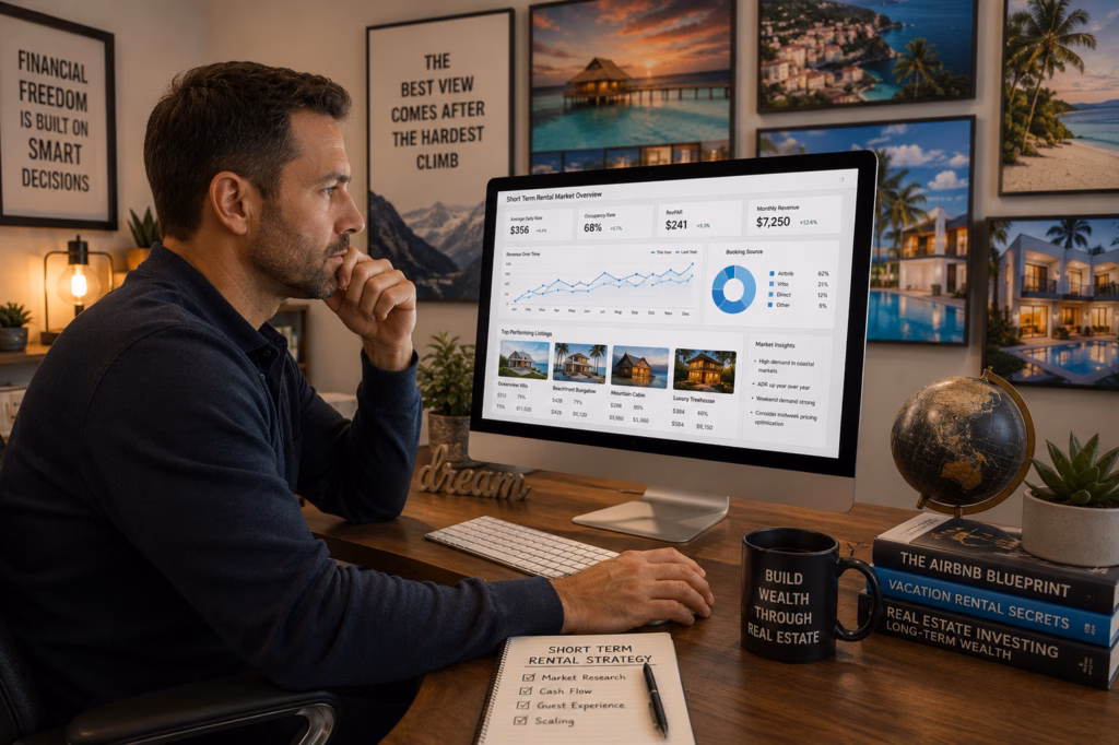Investor reviewing short term rental market data on his desktop computer with pictures of vacation rental homes and travel destinations on the wall of his home office.