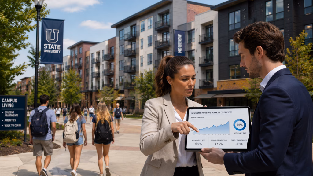 Student housing apartment buildings near a college campus with students walking nearby as two commercial real estate investors review rental demand data.