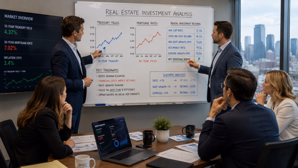 Two commercial real estate investors in their office conference room reviewing Treasury yields, mortgage rates, and rental property investment returns on a white board while other team members watch with concern.