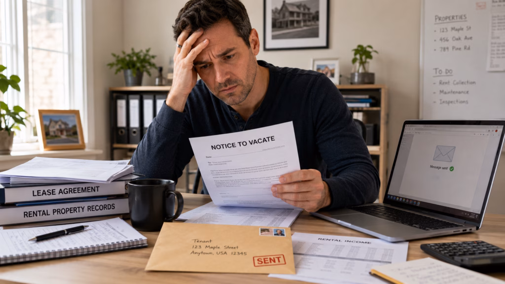 Landlord reviewing a sent notice to vacate and realizing he made a mistake while checking lease and rental property records.
