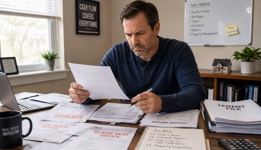 Landlord reviewing rental documents, repair invoices, and late rent notices while managing a rental property.