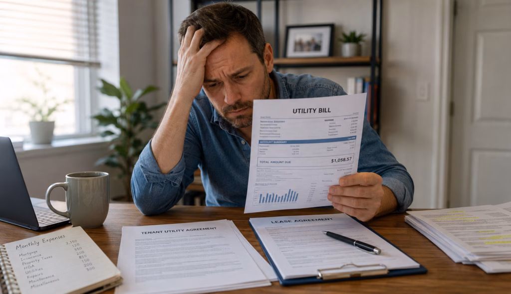 Landlord holding his head in his hands looking at the utility bill of his rental property and realizing he made a mistake with the tenant utility agreement.