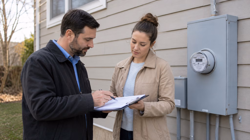 Landlord and tenant reviewing a utility agreement standing in front of the electric meter panel outside of the house.
