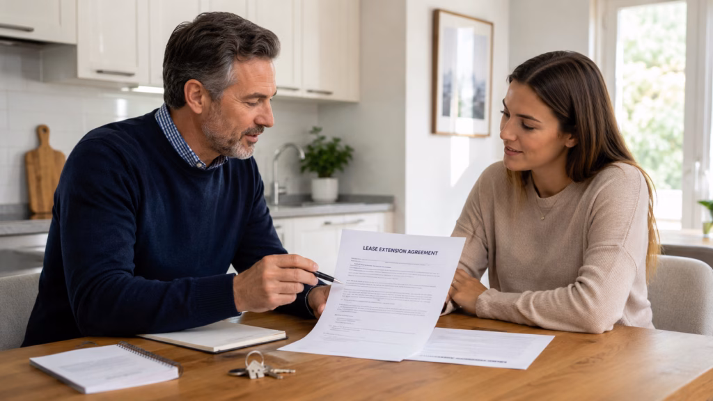 Landlord and tenant reviewing a lease extension agreement at a kitchen table with rental documents and keys nearby.