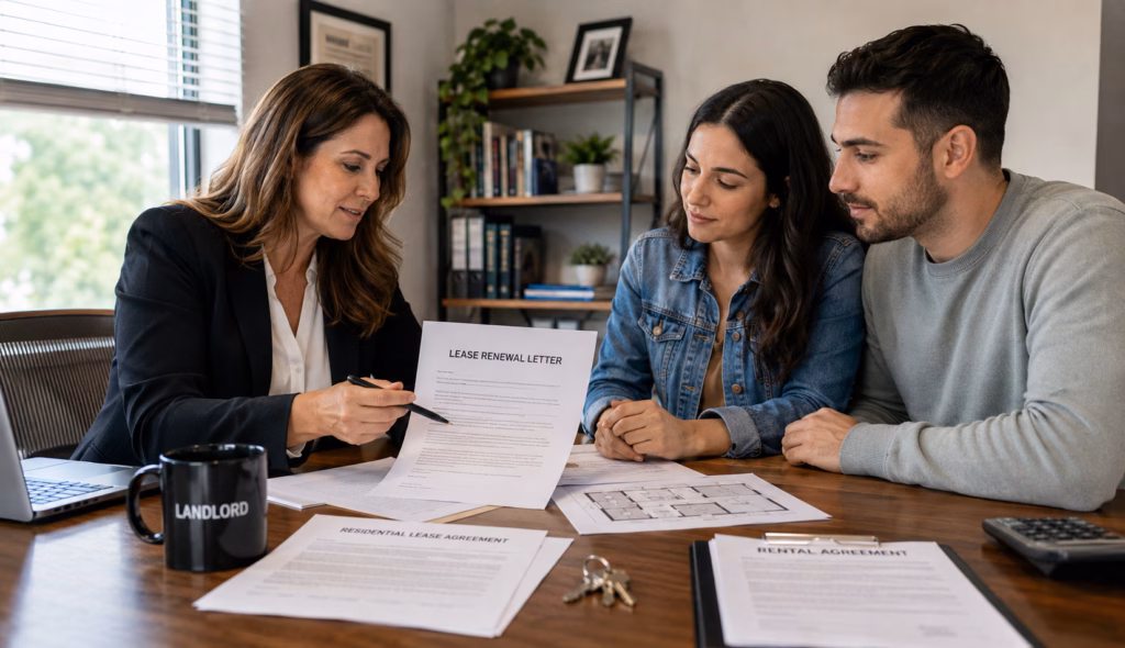 Landlord reviewing a lease renewal letter and rental agreement documents at a desk with her two tenants.