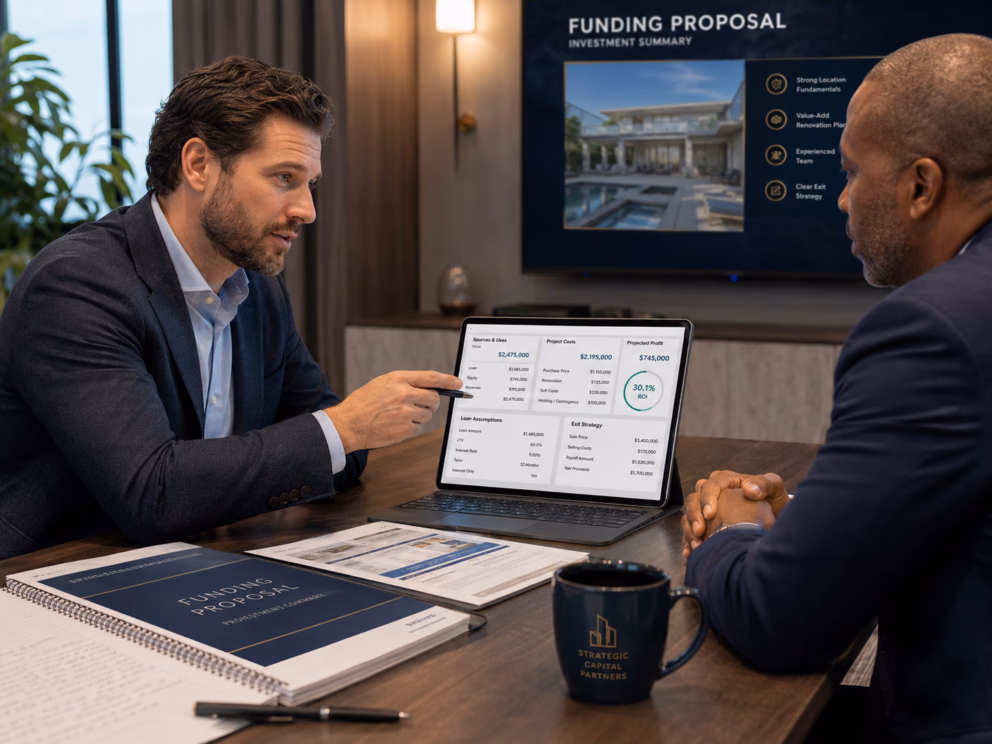 Real estate investor presenting a lender-ready funding proposal with loan assumptions, project costs, and return projections.
