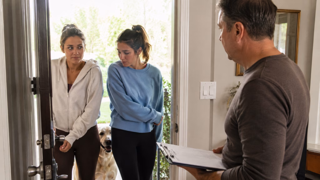 Landlord at the front door of his rental property as two Gen Z female tenants try to hide their Labrador Retriever behind them to hide the fact that they have a pet.