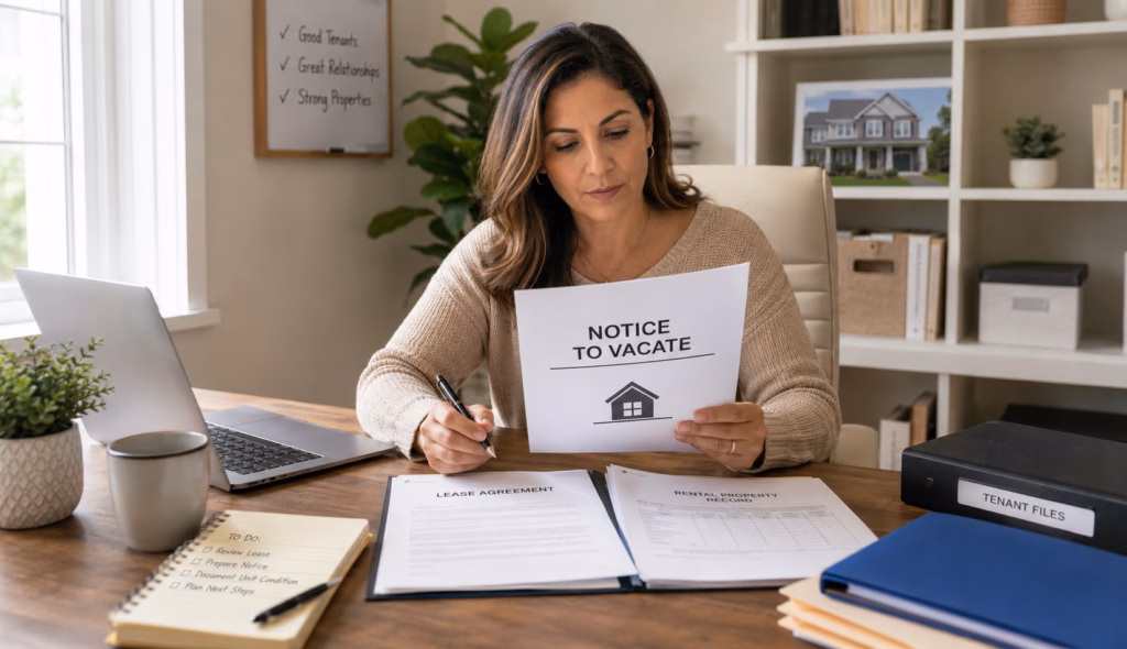 Landlord preparing a notice to vacate letter while reviewing lease documents and rental property records in a home office.