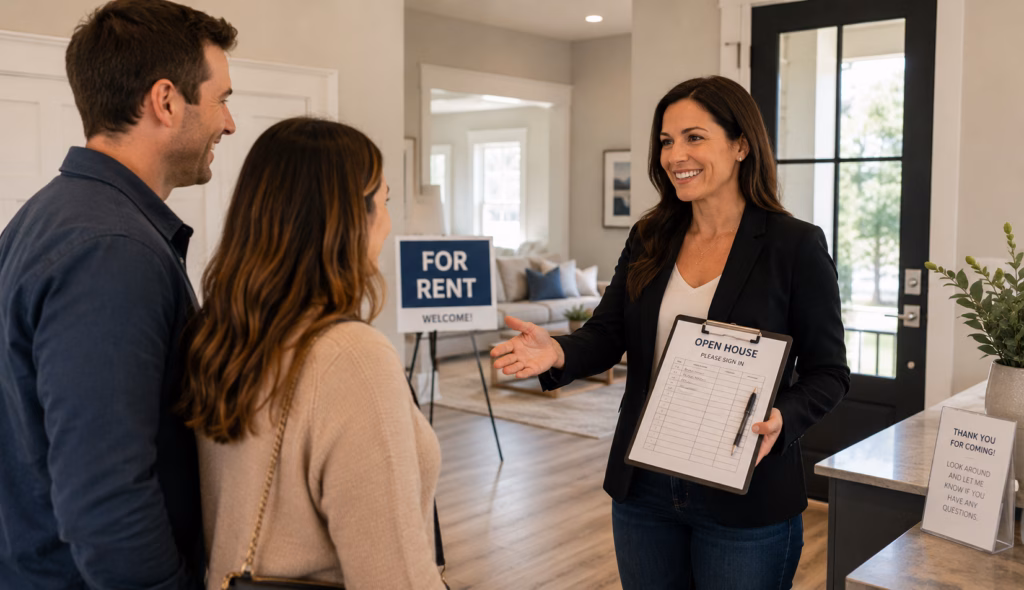 Landlord greeting prospective tenants at a rental property open house with a sign in sheet on a clipboard.