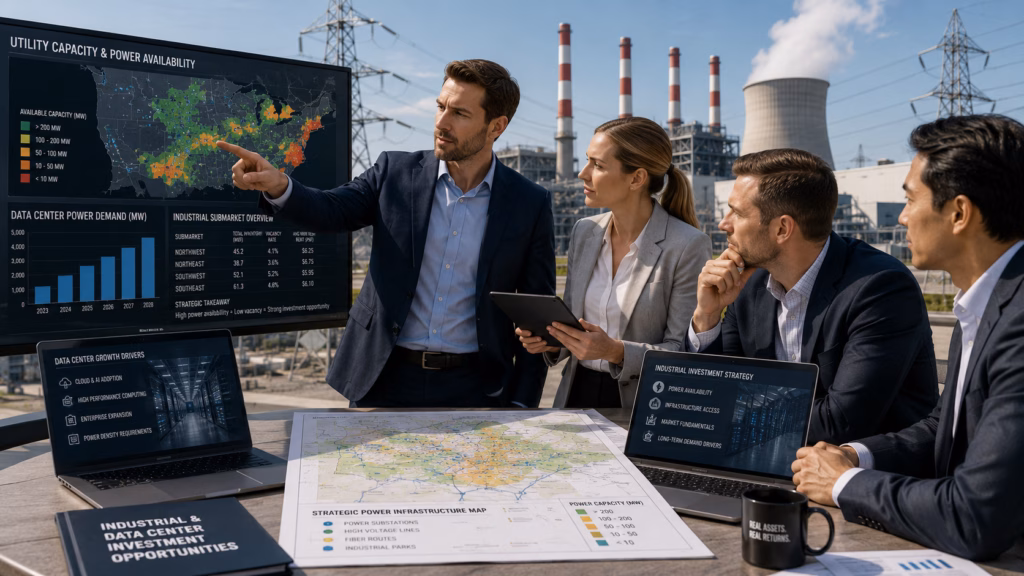 A team of commercial real estate investors standing in front of an electric power plant reviewing utility capacity maps, data center demand, and industrial property investment strategy.