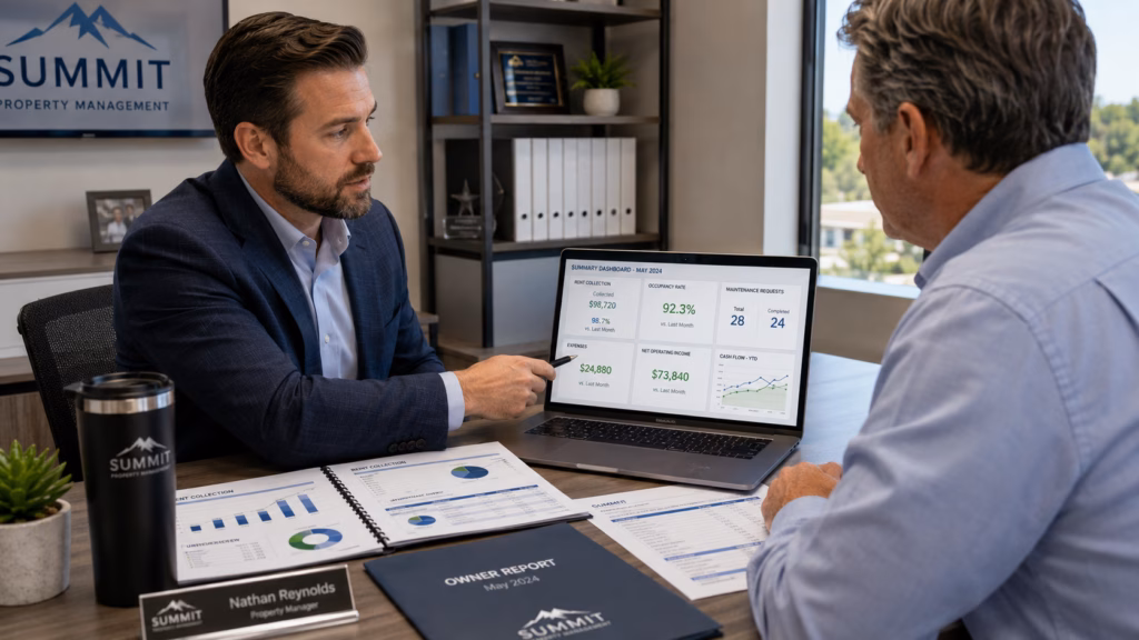 Property manager reviewing rent collection, occupancy, maintenance, expenses, and cash flow reports with a landlord in a professional office.
