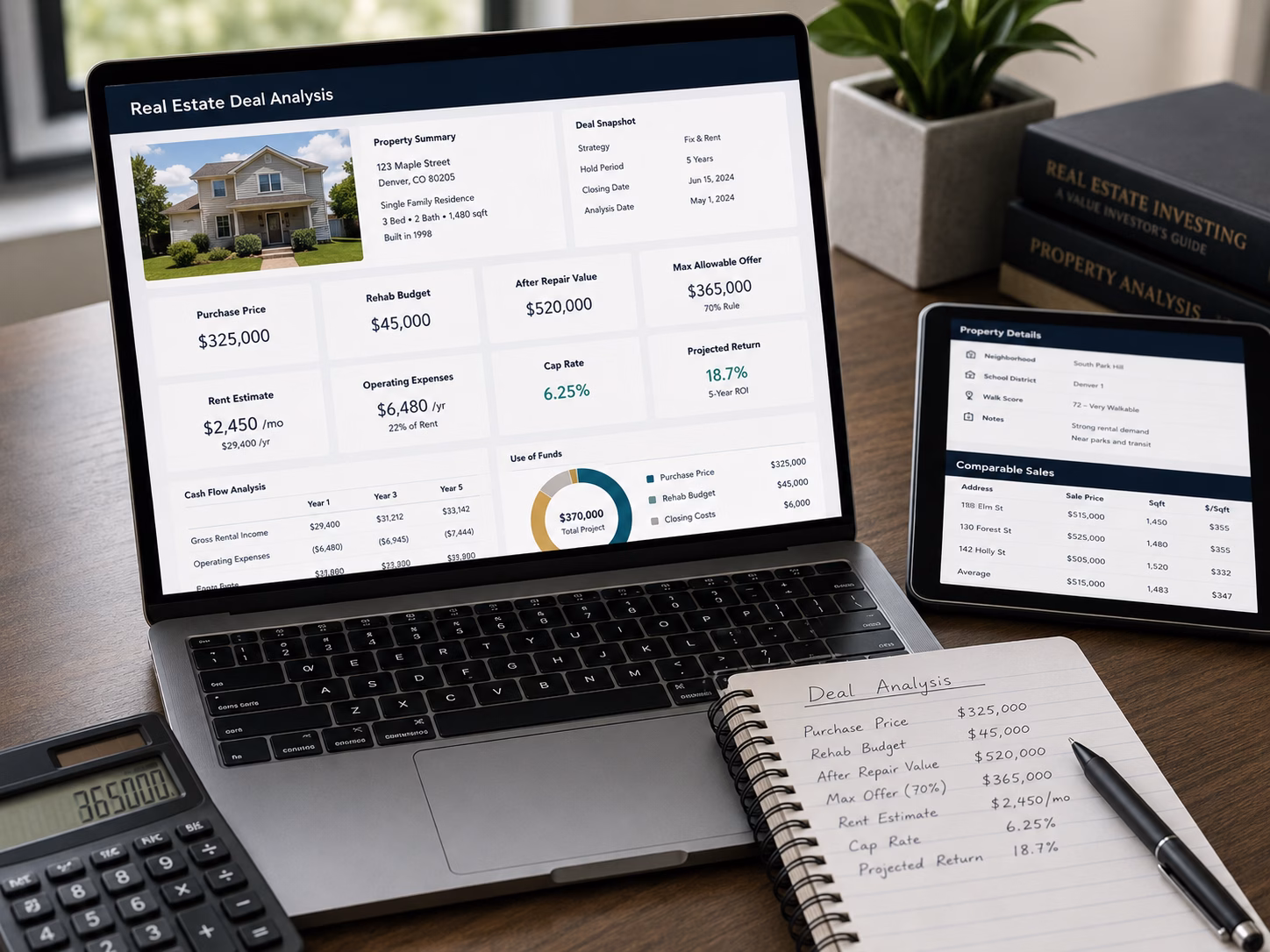 Real estate deal analysis dashboard showing purchase price, repair budget, ARV, max allowable offer, and financing scenarios.