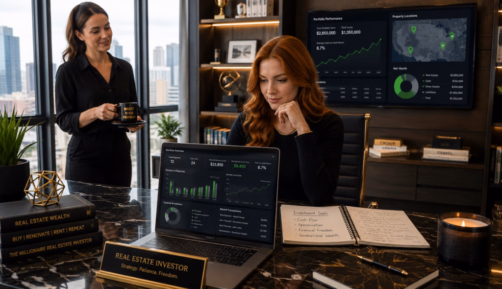 A red headed female real estate investor reviewing property analysis software, rental income data, and investment dashboards on a laptop in her luxurious home office as here assistant brings her coffee.