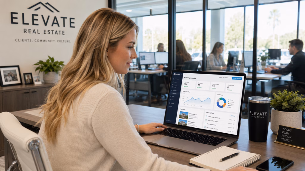 A blonde Gen Z Real estate agent reviewing marketing software dashboards, lead reports, listing campaigns, and client follow-up tools on a laptop in her real estate office. Outside of her office window other agents are working on their computers to help buyers and sellers.