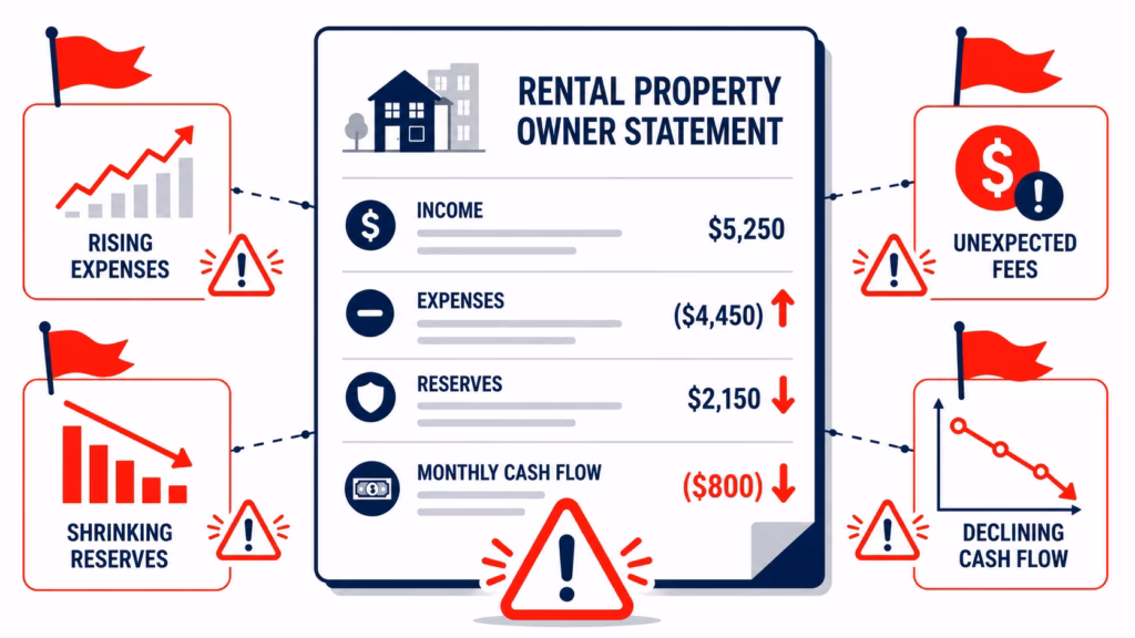 graphical image depicting red flags in rental property owner statements