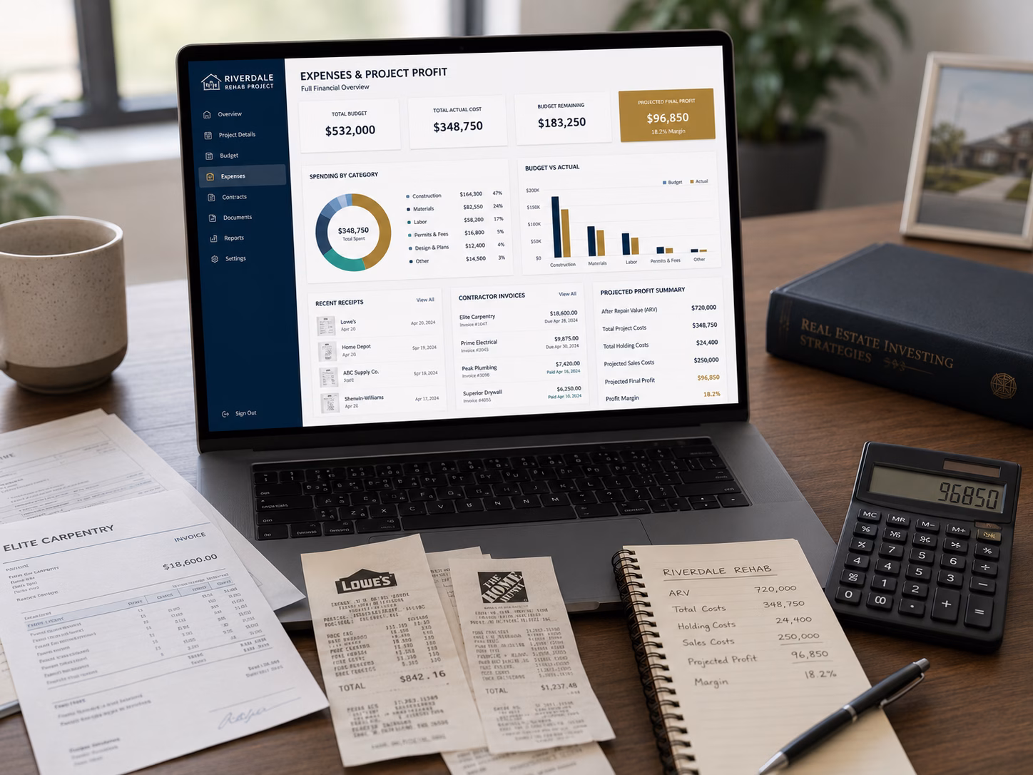 Rehab project expense tracking dashboard with receipts, contractor invoices, budget categories, and projected profit.
