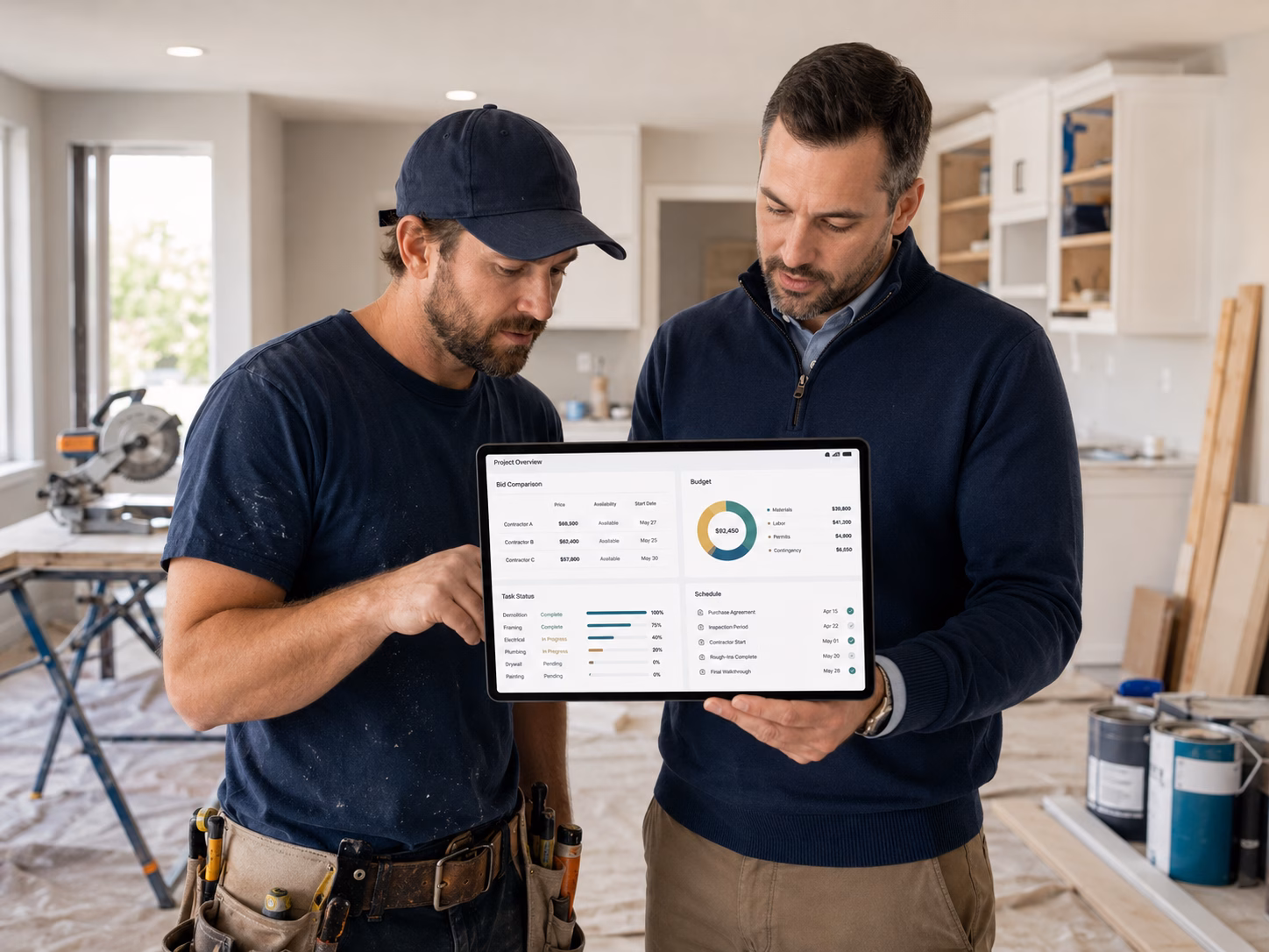 Investor and contractor reviewing rehab project bids, budget categories, and task schedule on a tablet at a renovation site.