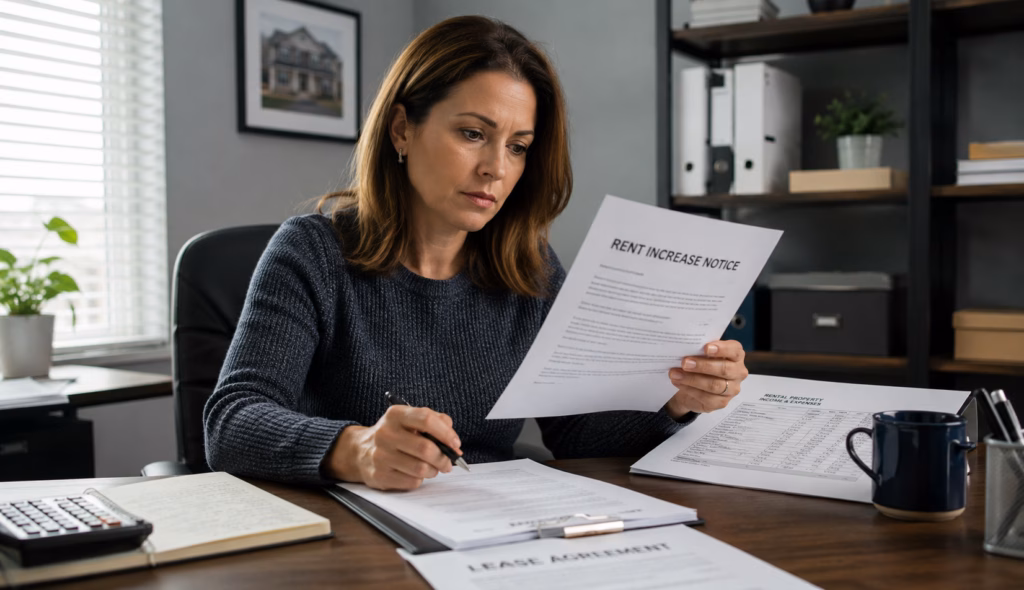 Landlord reviewing a rent increase notice and lease documents before sending them to a tenant.