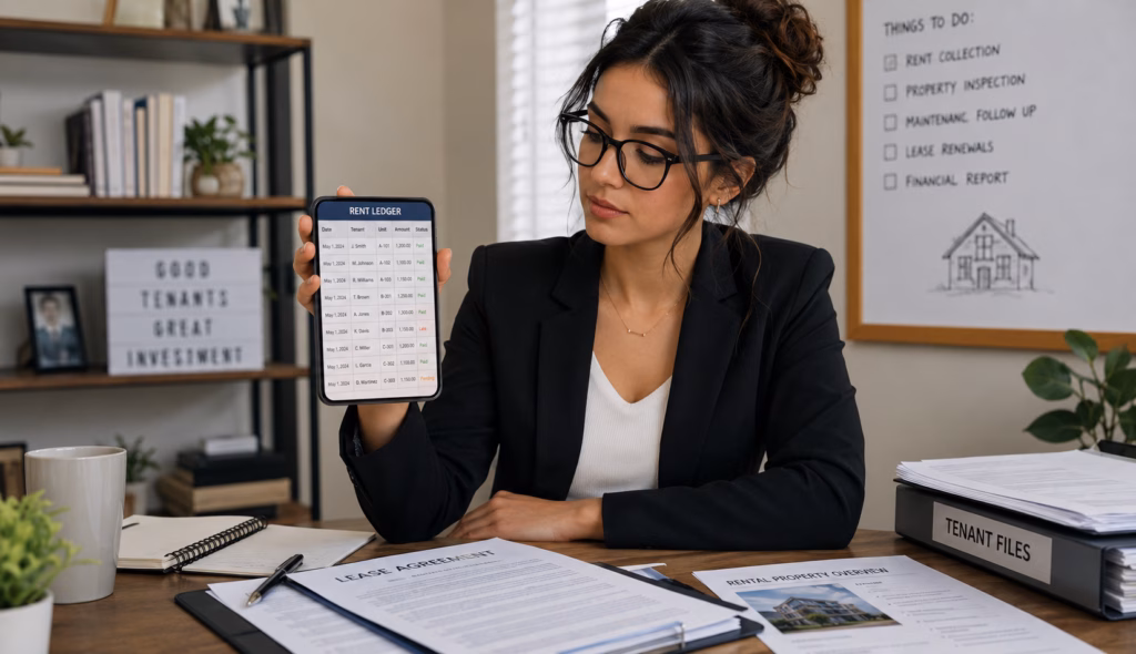 A professional female Gen Z landlord wearing black framed glasses reviewing a rent ledger template with tenant payment records and rental property documents on her smartphone.