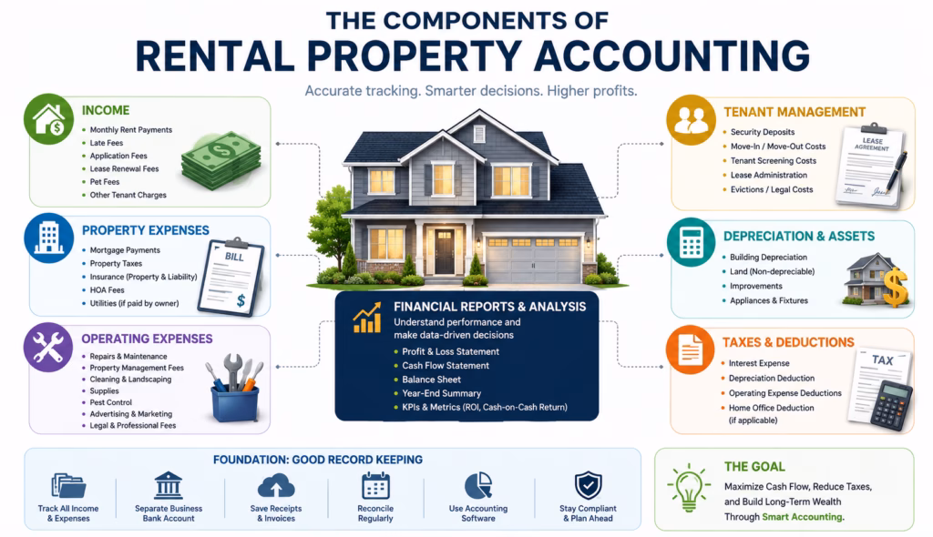 Infographic showing rental property accounting components, including rent income, property expenses, operating costs, tenant management, depreciation, taxes, reports, and record keeping.