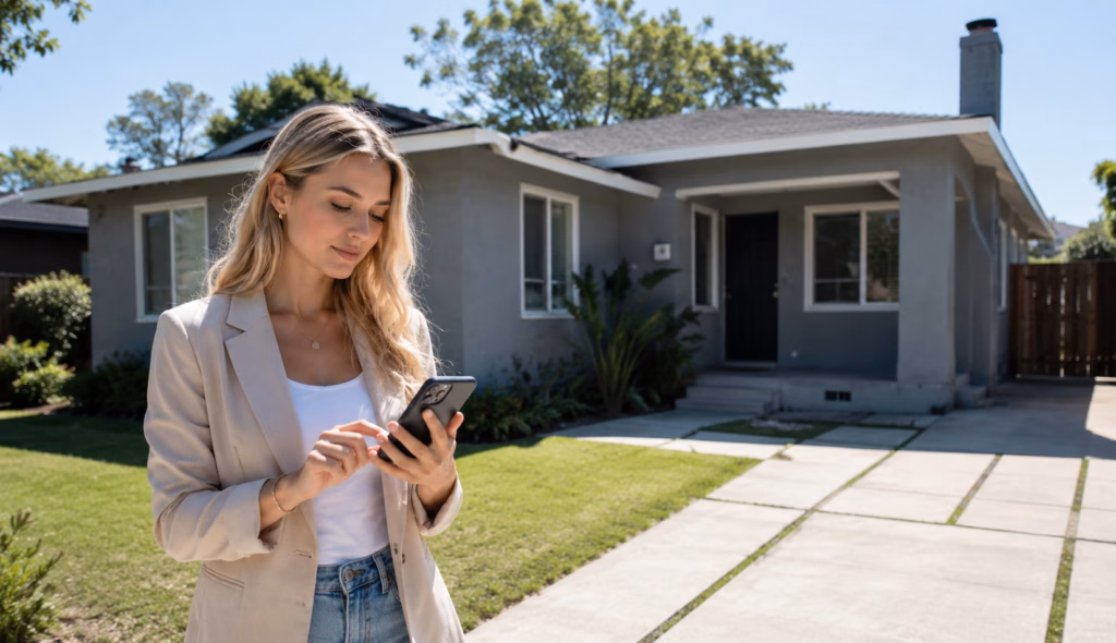 A blonde female Gen Z real estate investor standing in front of a rental property making notes on her smartphone, wondering if the property will be a good investment.