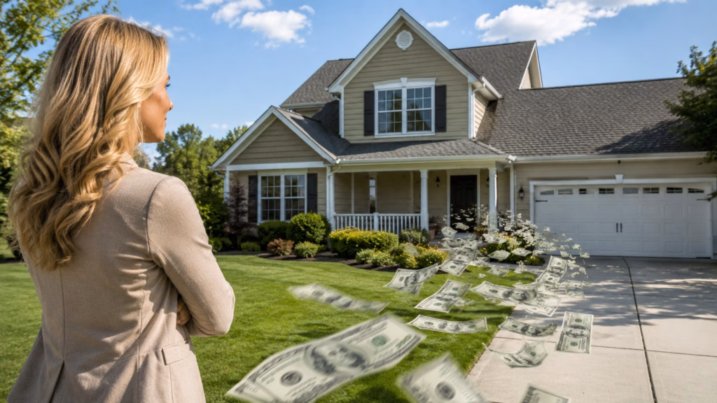 Blonde female landlord watching cash flow out of a single-family rental property, illustrating hidden expenses and rental property cash flow risks.