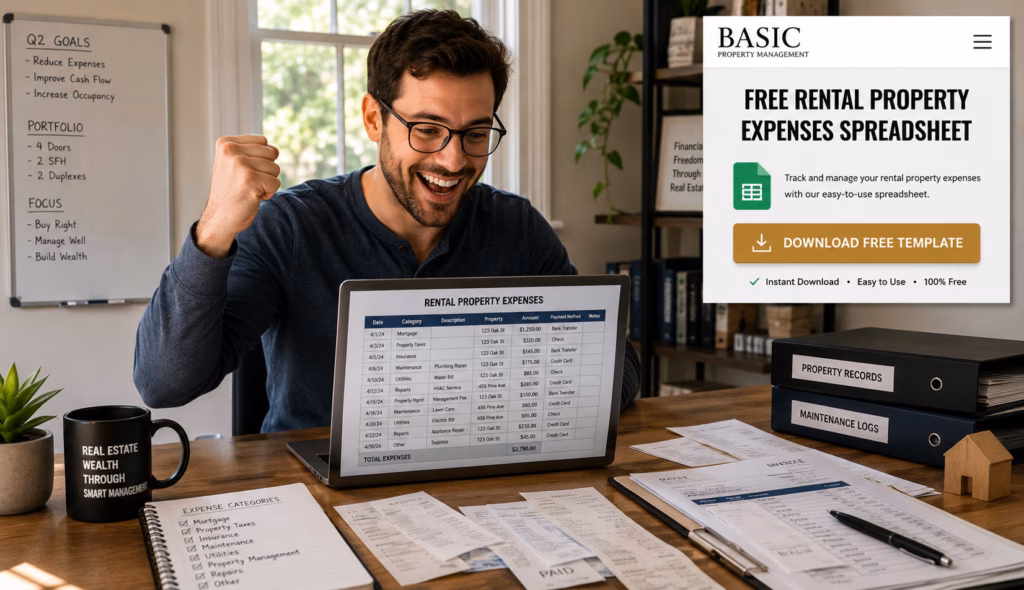 A male millennial landlord reviewing a rental property expenses spreadsheet with receipts, invoices, and maintenance records on a desk, then cheering as he learns he can download a free rental property expenses spreadsheet from Basic Property Management.