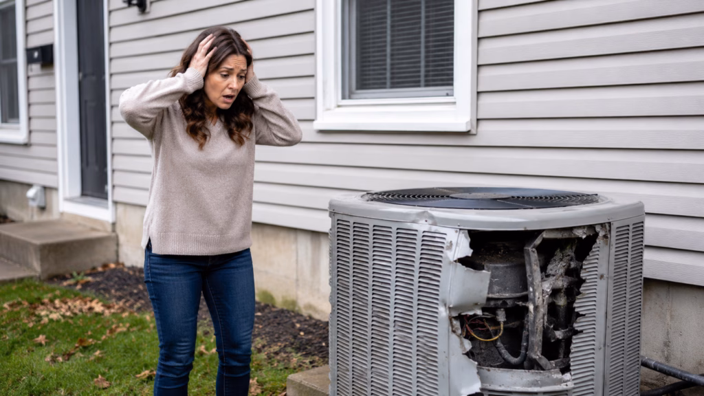 Landlord holding her head in shock as she views the damaged air conditioning unit at one of her rental properties.