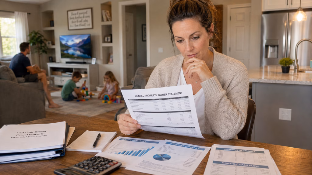 Female millennial landlord reviewing a rental property owner statement with income, expenses, reserves, and monthly cash flow reports on the kitchen table while her children play in the living room and her husband watches television.