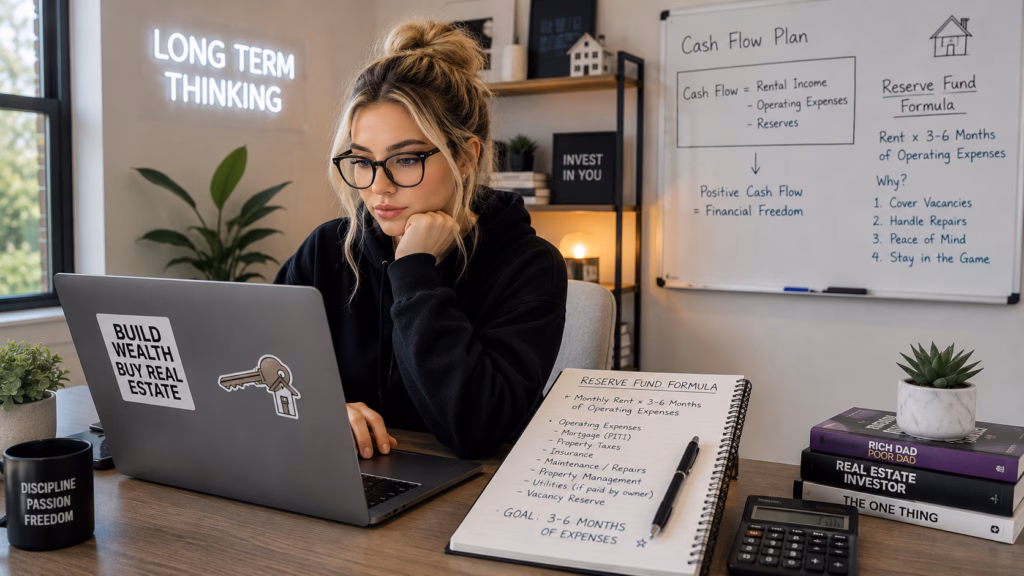 A Gen Z real estate investor in black-framed glasses working on her laptop in her home office creating a reserve fund formula for her new rental property investment.
