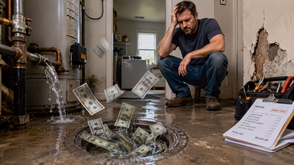 Landlord watching money go down a drain inside a damaged rental property, illustrating repair costs, water damage, and negative cash flow.