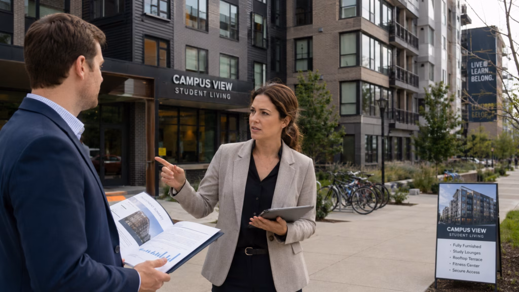 Female commercial real estate investors speaking with a male broker in front of a student housing project. She is asking sharp questions about buying or renewing a student rental strategy.