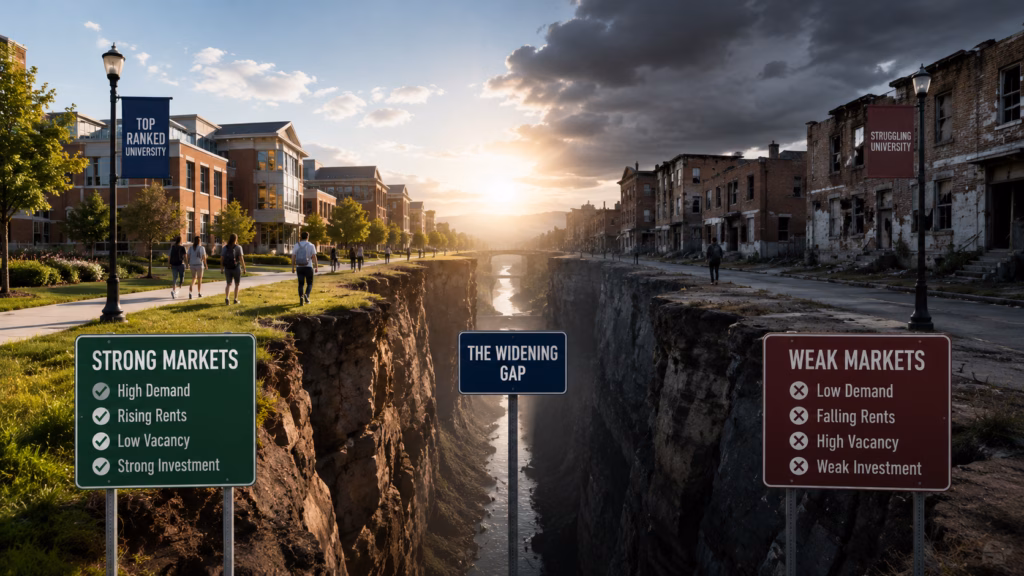Widening gap between strong and weak college markets, with a thriving university town on one side and a struggling campus market on the other.
