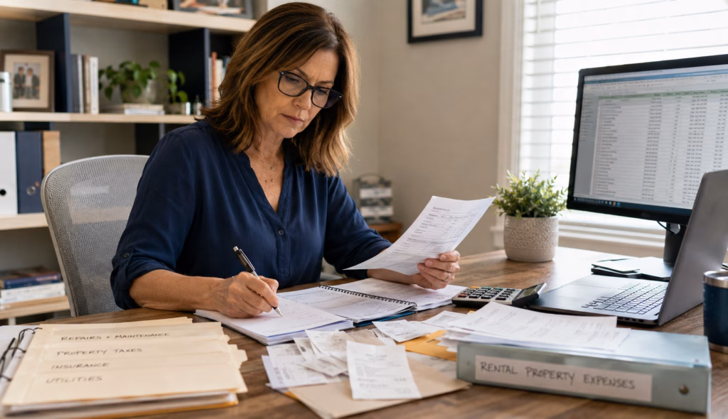 Residential landlord reviewing rental property tax deductions, receipts, and expense records at a desk in her home office.